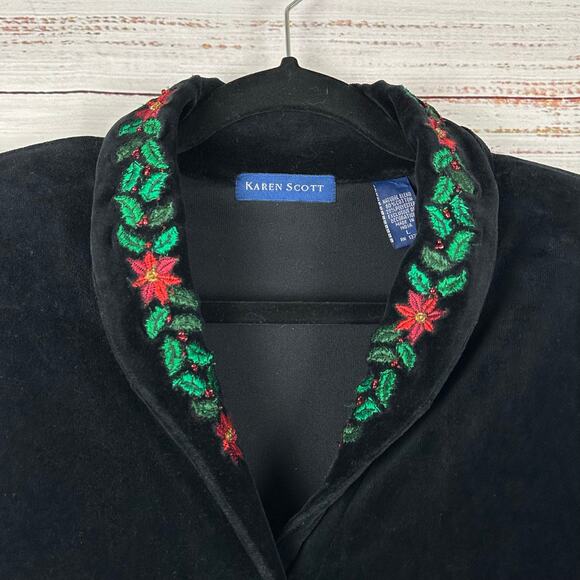 Womens VTG Karen Scott Black Velvet Velour Button Up Holiday Embroidered Top L - Picture 2 of 7